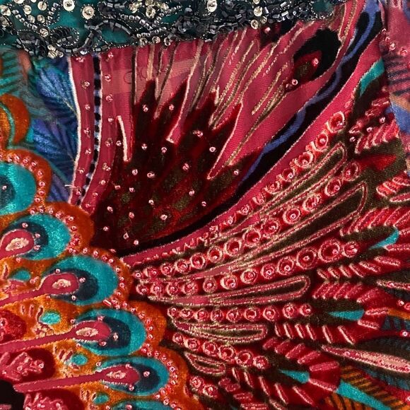 Y2K Caché Peacock Pattern Silk Beaded Halter Top - Picture 3 of 9